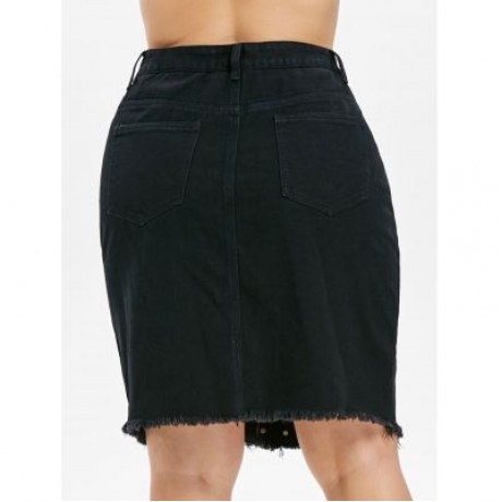Plus Size Embroidery Denim Skirt (BLACK)