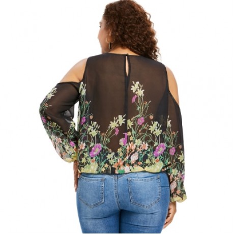 Plus Size Cold Shoulder Lace Trim Floral Sheer Blouse (BLACK)
