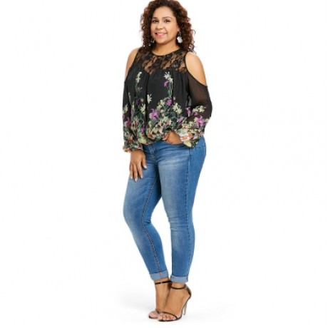 Plus Size Cold Shoulder Lace Trim Floral Sheer Blouse (BLACK)