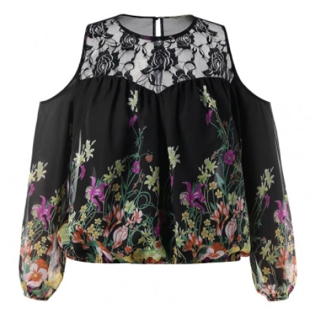 Plus Size Cold Shoulder Lace Trim Floral Sheer Blouse (BLACK)