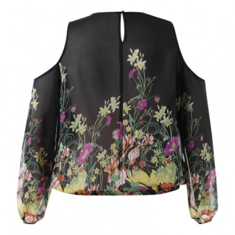 Plus Size Cold Shoulder Lace Trim Floral Sheer Blouse (BLACK)