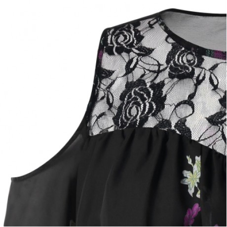 Plus Size Cold Shoulder Lace Trim Floral Sheer Blouse (BLACK)