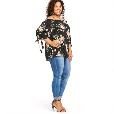 Plus Size Floral Tie Sleeve Blouse (BLACK)