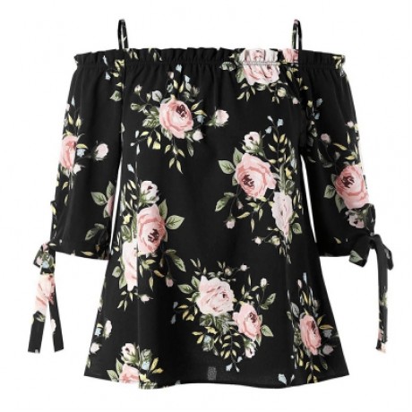 Plus Size Floral Tie Sleeve Blouse (BLACK)