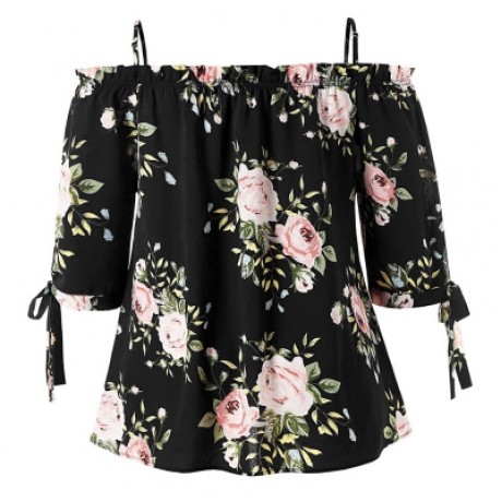 Plus Size Floral Tie Sleeve Blouse (BLACK)