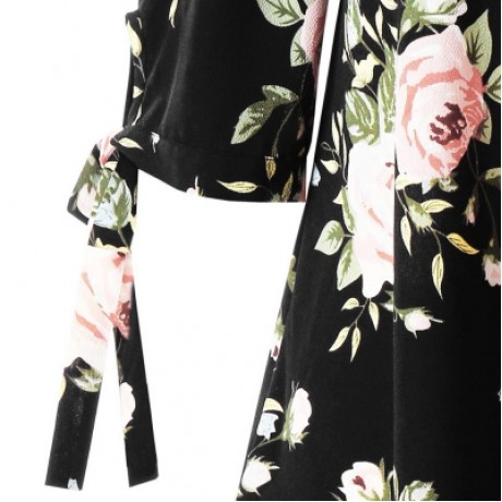 Plus Size Floral Tie Sleeve Blouse (BLACK)