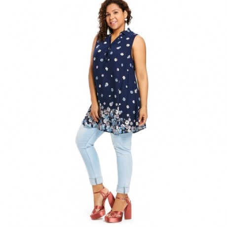 Plus Size Buttoned Floral Tank Top (DEEP BLUE)