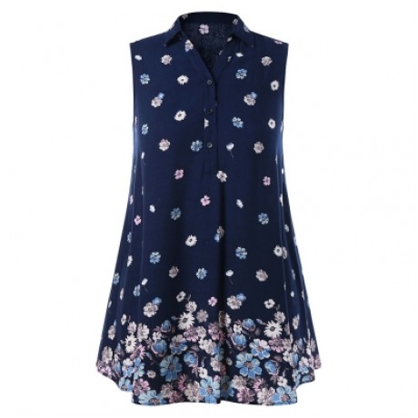 Plus Size Buttoned Floral Tank Top (DEEP BLUE)