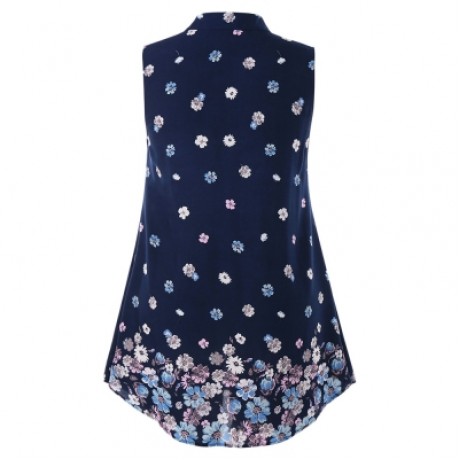 Plus Size Buttoned Floral Tank Top (DEEP BLUE)