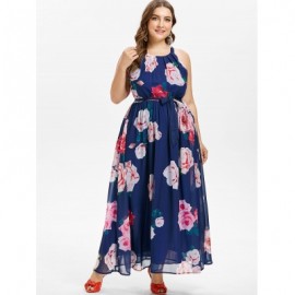 Plus Size Belted Flower Maxi Dress (NAVY BLUE)