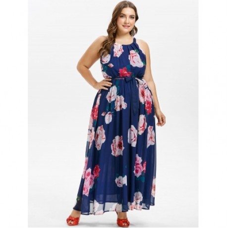 Plus Size Belted Flower Maxi Dress (NAVY BLUE)