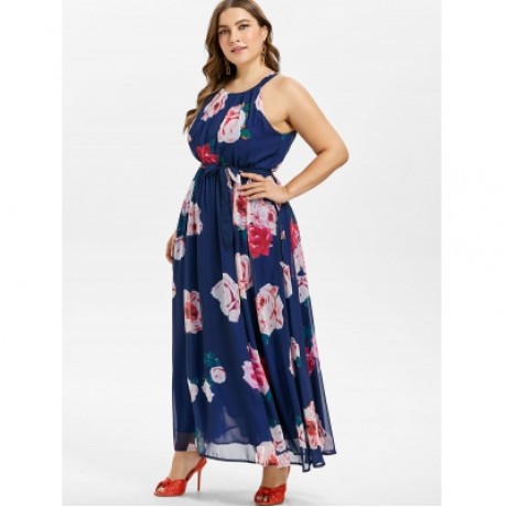 Plus Size Belted Flower Maxi Dress (NAVY BLUE)