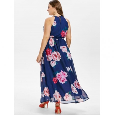 Plus Size Belted Flower Maxi Dress (NAVY BLUE)