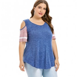 Plus Size Color Blocking Cold Shoulder Swing T-shirt (BLUE)