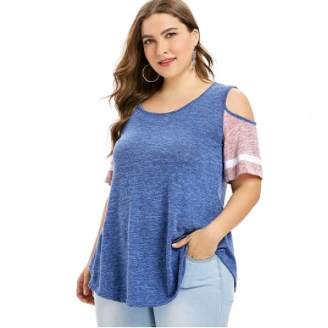 Plus Size Color Blocking Cold Shoulder Swing T-shirt (BLUE)
