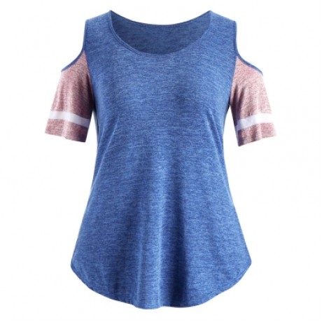 Plus Size Color Blocking Cold Shoulder Swing T-shirt (BLUE)