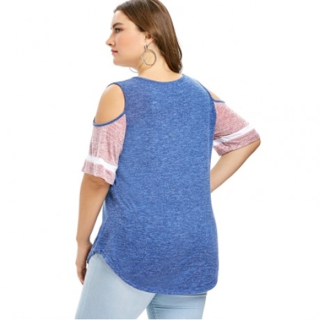 Plus Size Color Blocking Cold Shoulder Swing T-shirt (BLUE)
