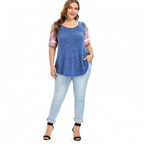 Plus Size Color Blocking Cold Shoulder Swing T-shirt (BLUE)