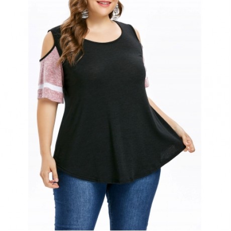 Plus Size Color Blocking Cold Shoulder Swing T-shirt (BLACK)