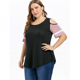Plus Size Color Blocking Cold Shoulder Swing T-shirt (BLACK)