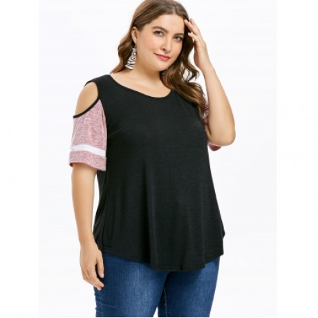 Plus Size Color Blocking Cold Shoulder Swing T-shirt (BLACK)