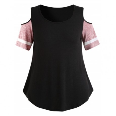 Plus Size Color Blocking Cold Shoulder Swing T-shirt (BLACK)