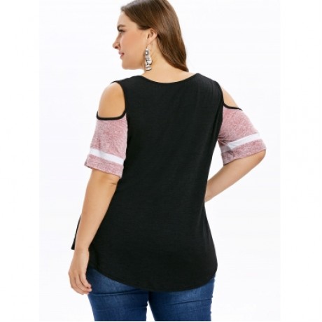 Plus Size Color Blocking Cold Shoulder Swing T-shirt (BLACK)