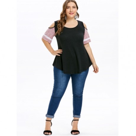 Plus Size Color Blocking Cold Shoulder Swing T-shirt (BLACK)