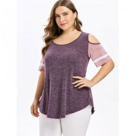 Plus Size Color Blocking Cold Shoulder Swing T-shirt (TULIP PINK)