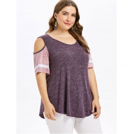 Plus Size Color Blocking Cold Shoulder Swing T-shirt (TULIP PINK)