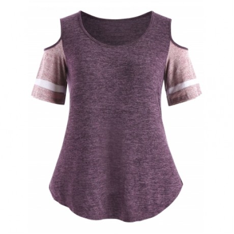 Plus Size Color Blocking Cold Shoulder Swing T-shirt (TULIP PINK)