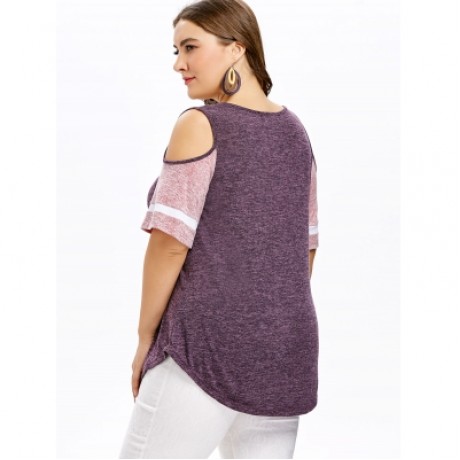 Plus Size Color Blocking Cold Shoulder Swing T-shirt (TULIP PINK)