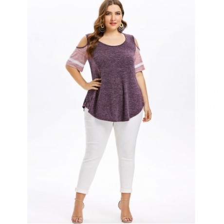 Plus Size Color Blocking Cold Shoulder Swing T-shirt (TULIP PINK)