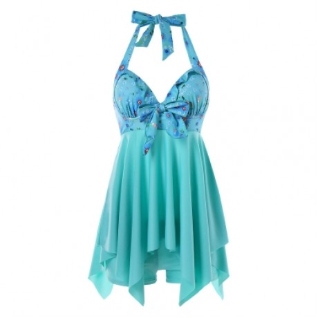 Daisy Printed Empire Waist Handkerchief Tankini (LIGHT SEA GREEN)