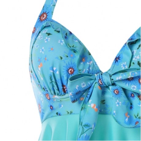 Daisy Printed Empire Waist Handkerchief Tankini (LIGHT SEA GREEN)