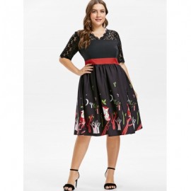 Plus Size Owl Printed Lace Yoke Dress (BLACK)