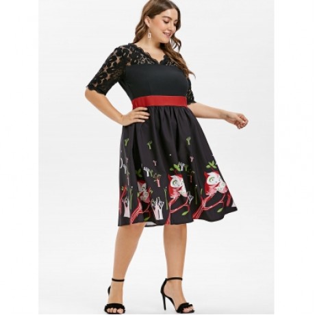 Plus Size Owl Printed Lace Yoke Dress (BLACK)