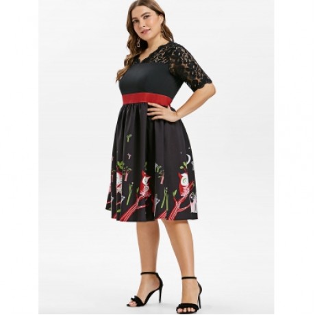 Plus Size Owl Printed Lace Yoke Dress (BLACK)