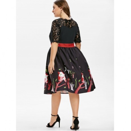 Plus Size Owl Printed Lace Yoke Dress (BLACK)