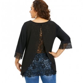 Plus Size Split Back Lace Trim T-shirt (BLACK)