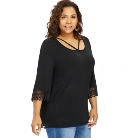 Plus Size Split Back Lace Trim T-shirt (BLACK)