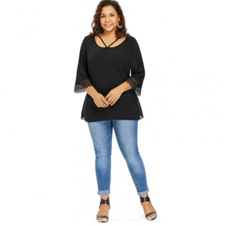 Plus Size Split Back Lace Trim T-shirt (BLACK)