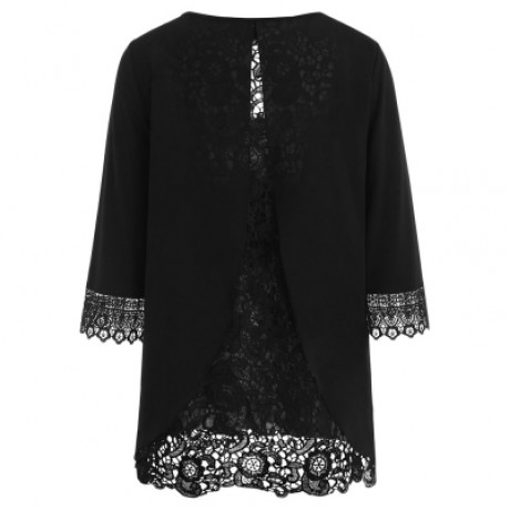 Plus Size Split Back Lace Trim T-shirt (BLACK)