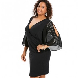 Plus Size Plunging Neck Flare Sleeve Surplice Dress (BLACK)
