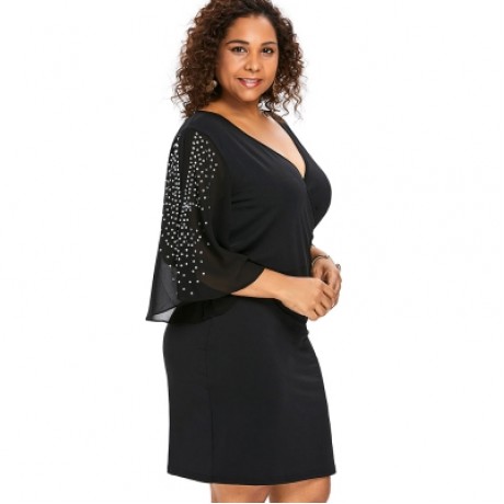Plus Size Plunging Neck Flare Sleeve Surplice Dress (BLACK)
