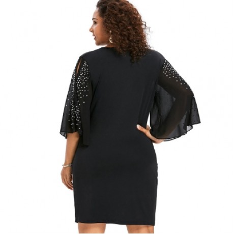 Plus Size Plunging Neck Flare Sleeve Surplice Dress (BLACK)