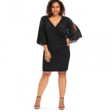 Plus Size Plunging Neck Flare Sleeve Surplice Dress (BLACK)