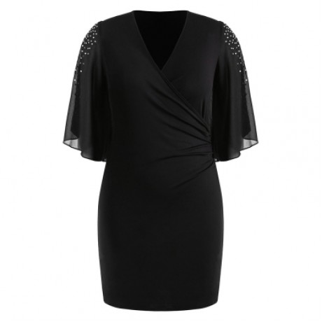 Plus Size Plunging Neck Flare Sleeve Surplice Dress (BLACK)