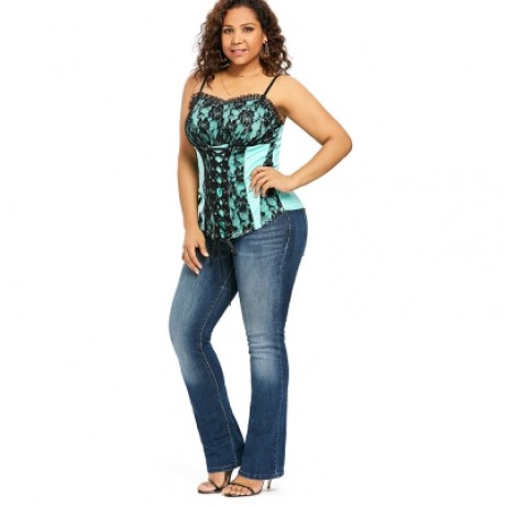 Plus Size Ruffle Trim Lace Up Floral Tank Top (MINT GREEN)