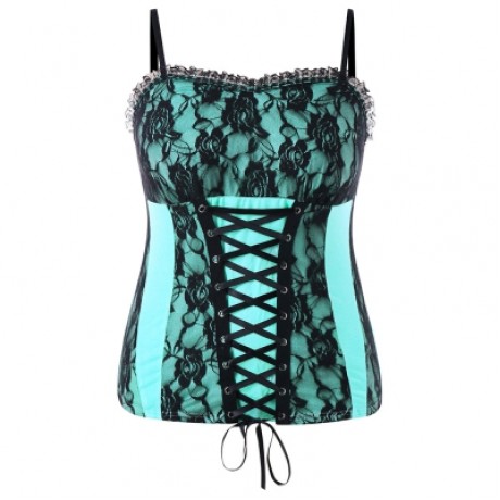 Plus Size Ruffle Trim Lace Up Floral Tank Top (MINT GREEN)